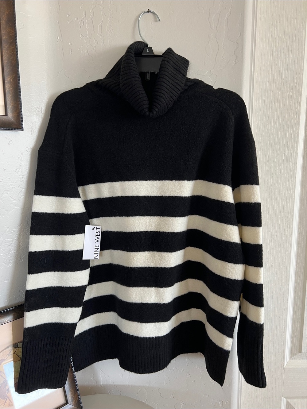 Nine West Black & White Striped Turtleneck Sweater